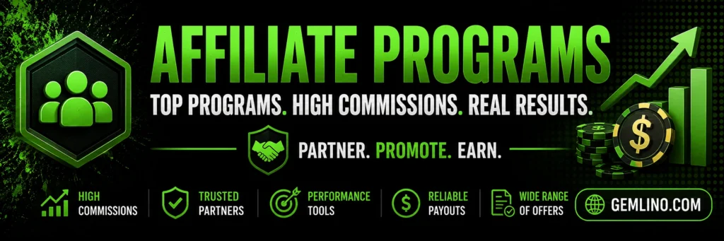 Affiliate Programs banner featuring high commissions, trusted partners, reliable payouts and performance-based marketing opportunities.