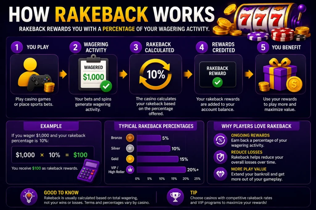 Rakeback infographic explaining how casino rakeback rewards and cashback systems work