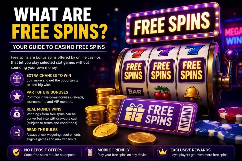 What Are Free Spins infographic explaining casino free spins, welcome bonuses, wagering requirements and bonus rewards