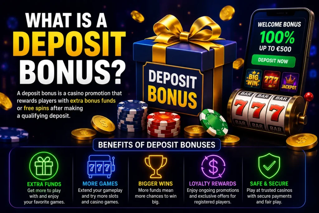 Deposit bonus guide explaining how casino deposit bonuses work, including bonus funds, welcome offers, wagering requirements and player benefits.